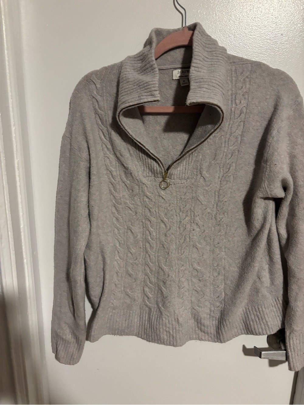 J. Crew Factory Light Gray Cable-Knit Half-Zip Turtleneck Sweater